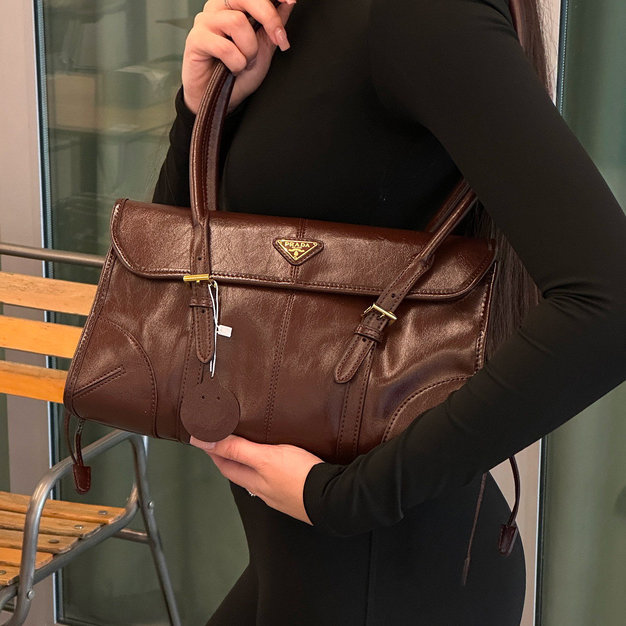 Prada Medium Leather Shoulder Bag Burgundi