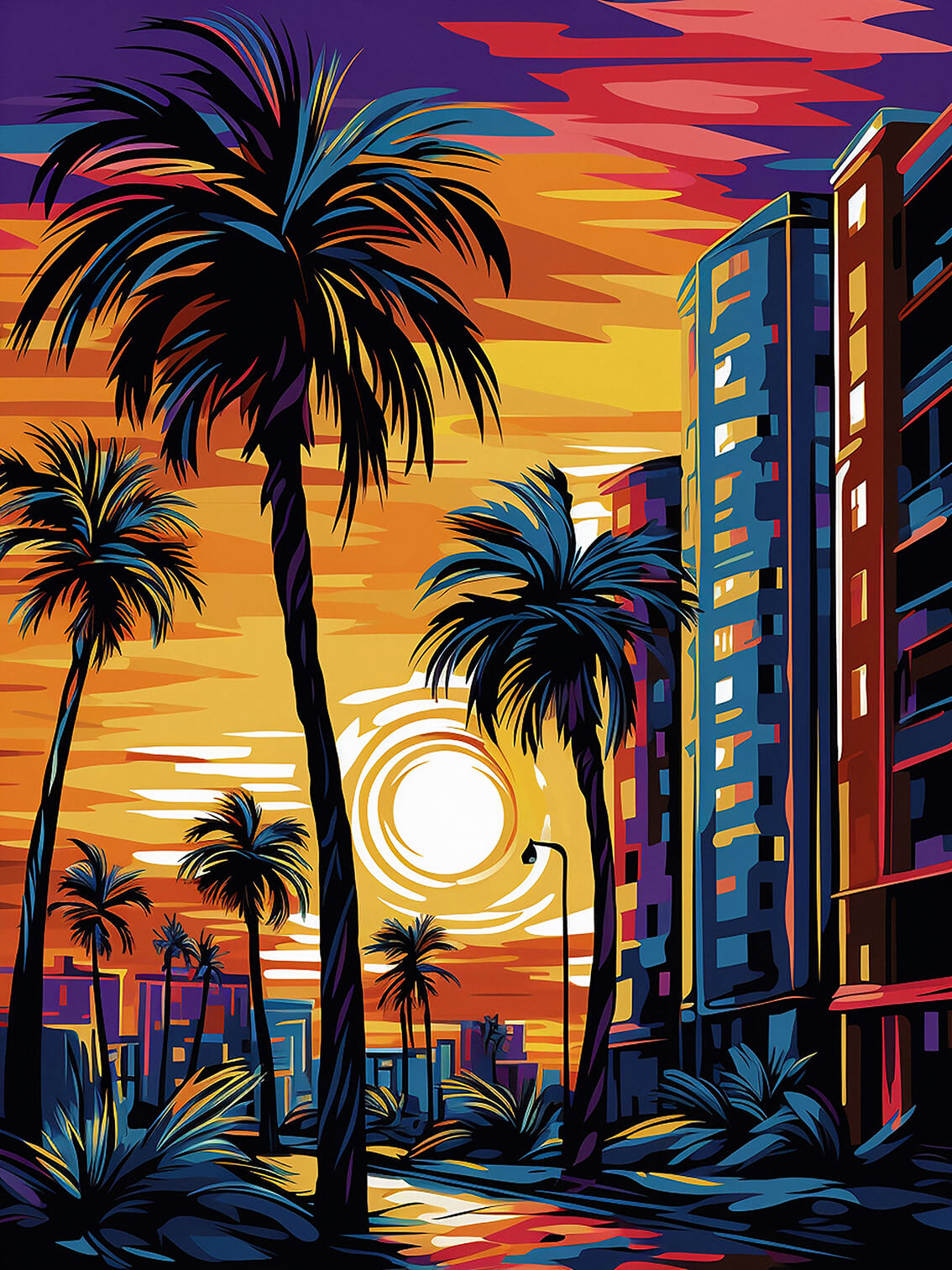 Palm trees in the city , 80x60 cm, original acrylic painting on canvas