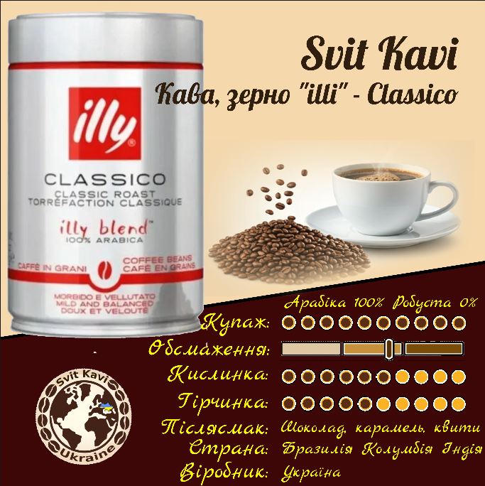 Кава в зернах illy Classico 250 г. Арабіка100%+Робуста 0%, банка, Італія, 0,25кг.