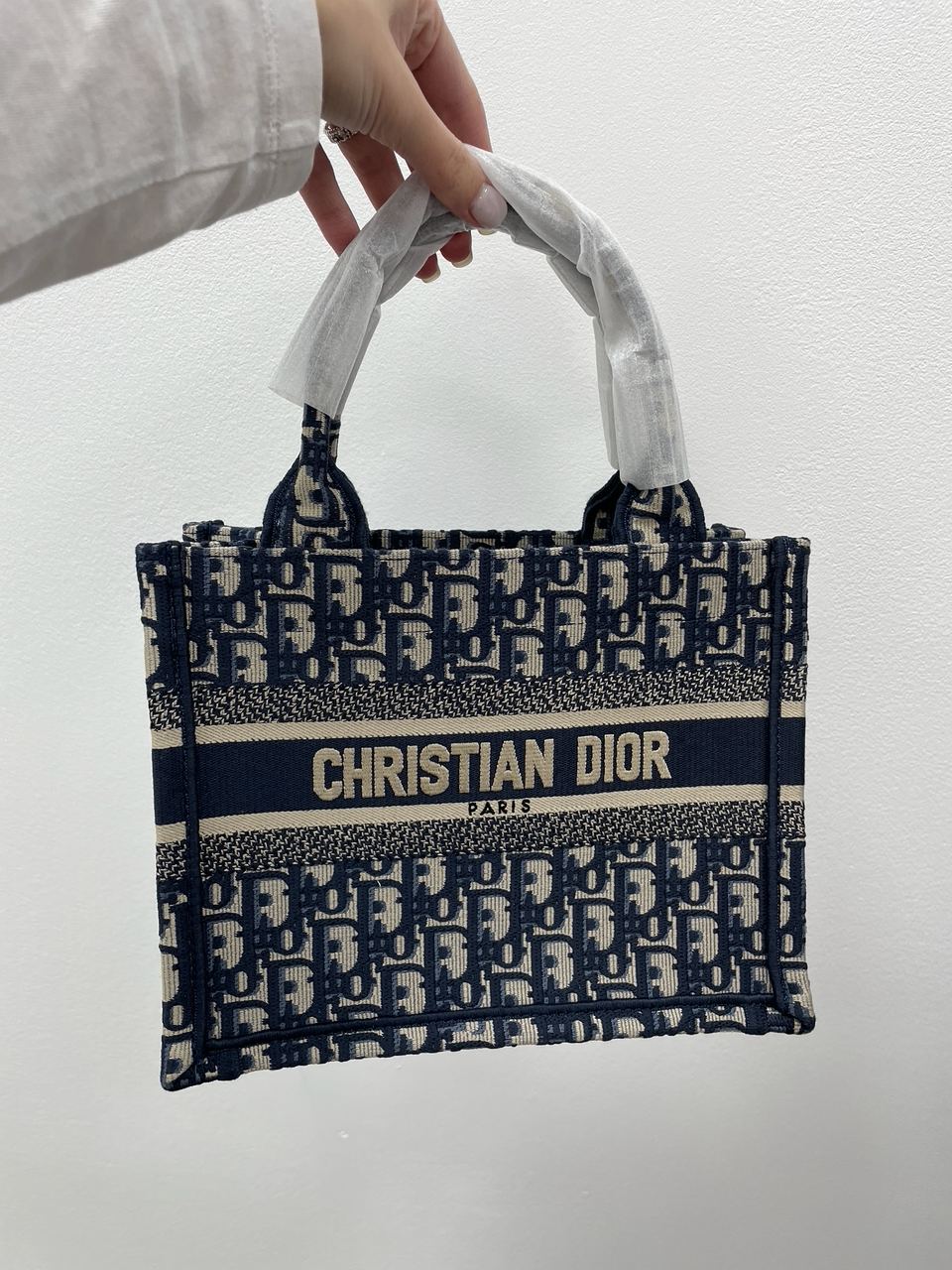 Dior Small Book Tote Ecru and Blue Dior Oblique Embroidery