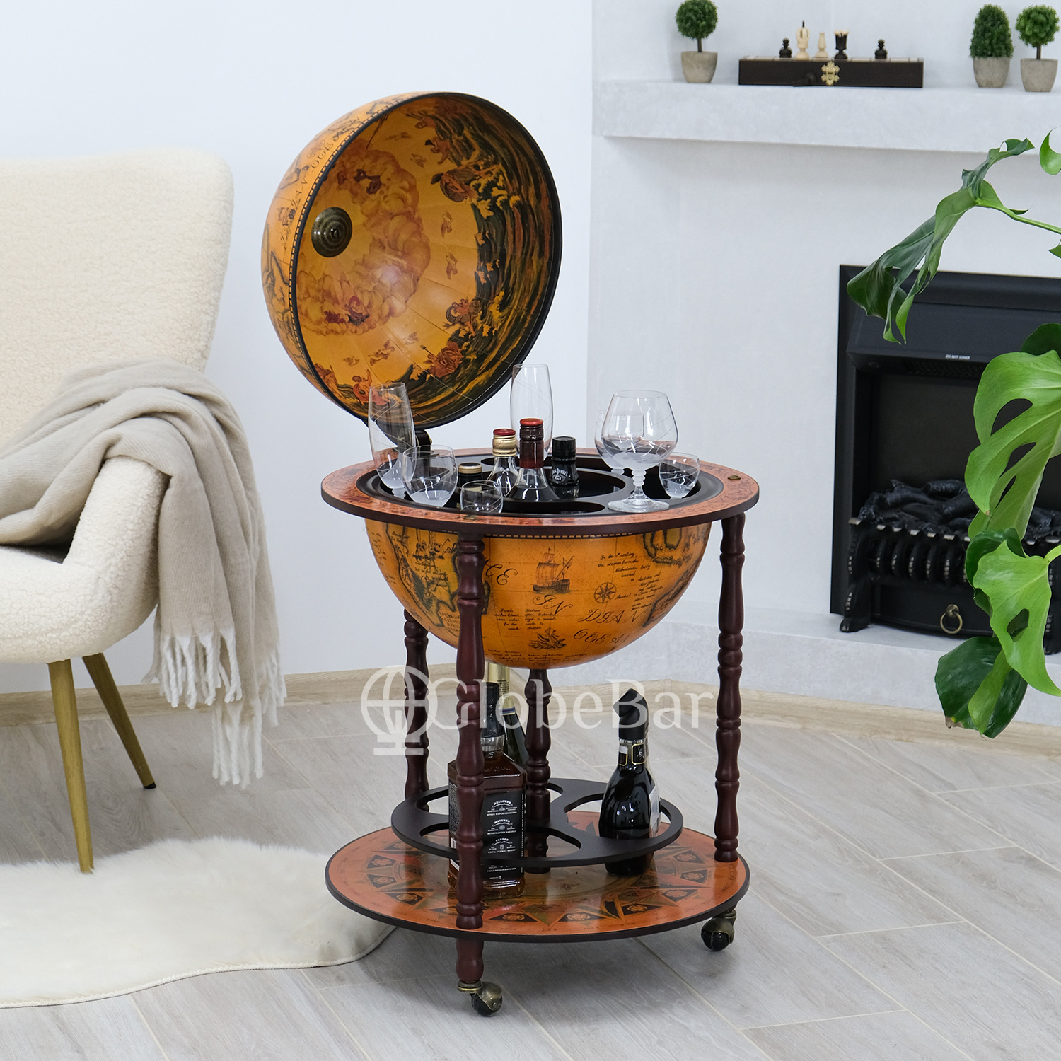 Глобус напольный на 5-6 бутылок, диаметр 45 см, коричневый (55 х 55 х 93 см), 45001R