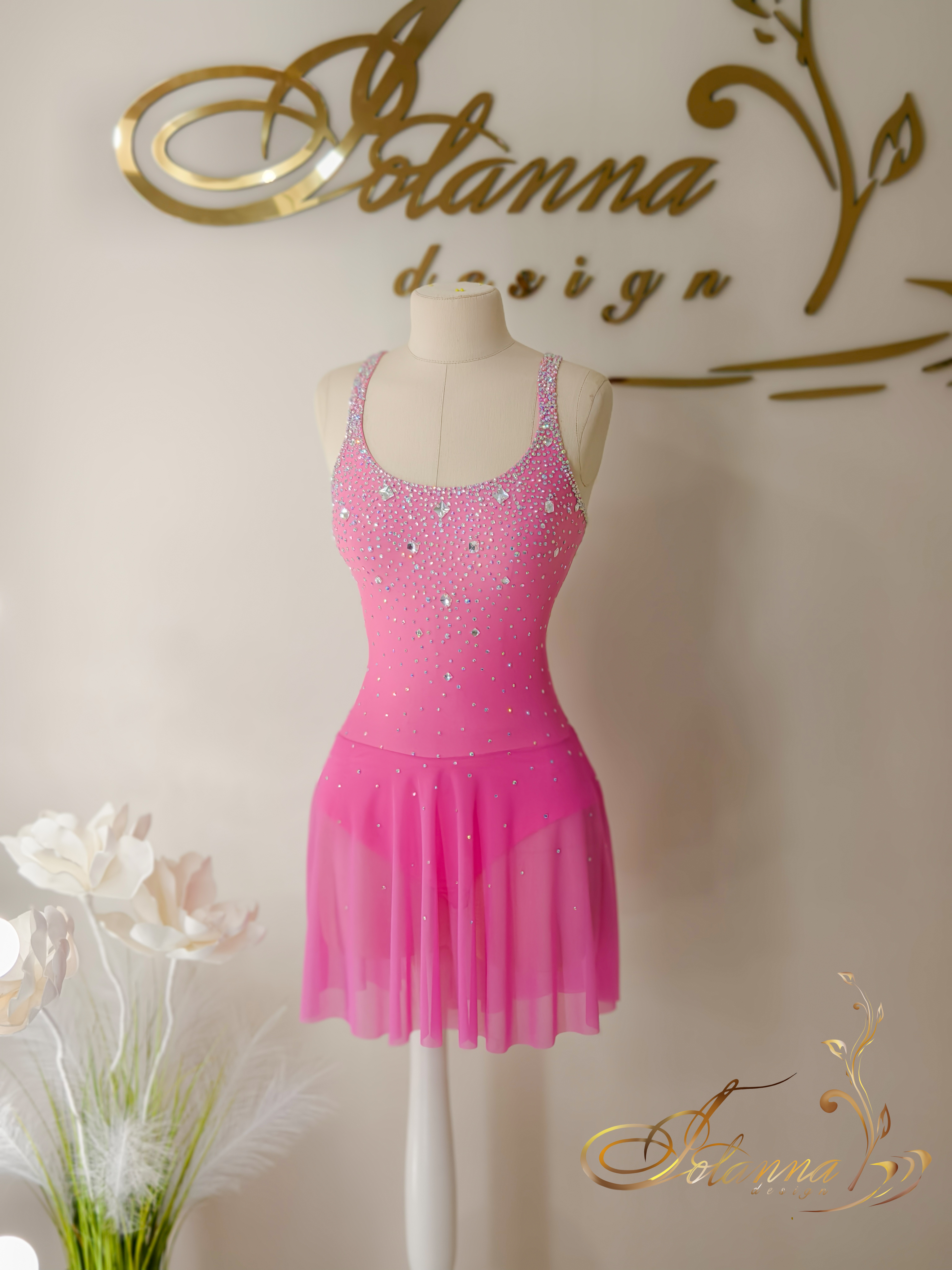 Custom peach pink figure skating dress Sparkling competition costume Performance ice skating dress