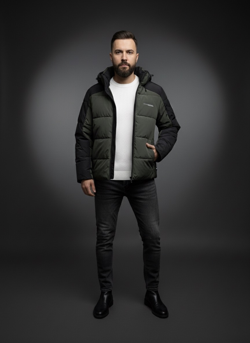 Чоловіча коротка зимова стьобана куртка з поєднанням кольорів