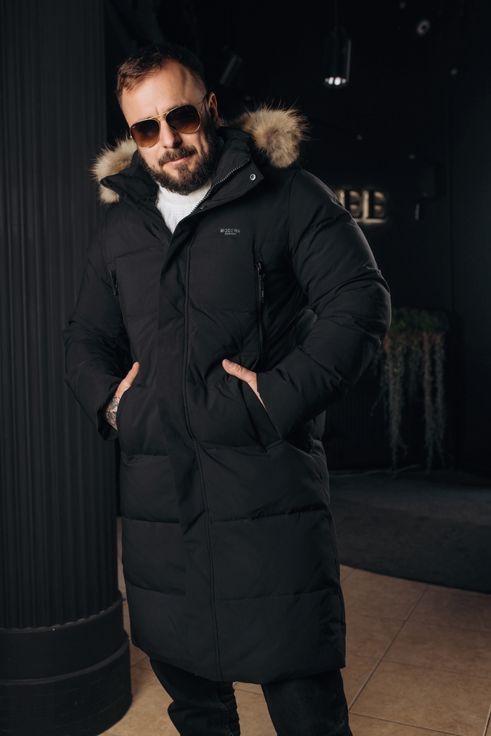 Подовжена чоловіча зимова куртка з натуральним хутром лисиці black