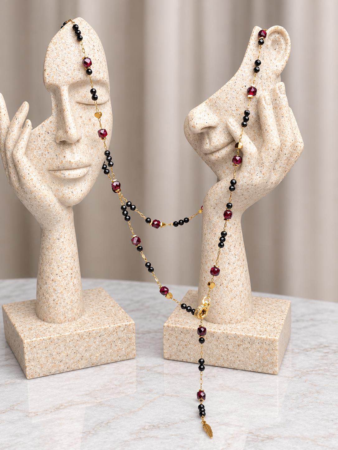 Black Tourmaline & Garnet Y Necklace - Stainless Steel Adjustable Front Clasp
