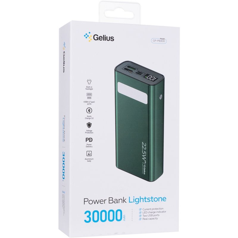 Повербанк Gelius Lightstone GP-PB300 30 000mAh QC+PD 22.5W Green