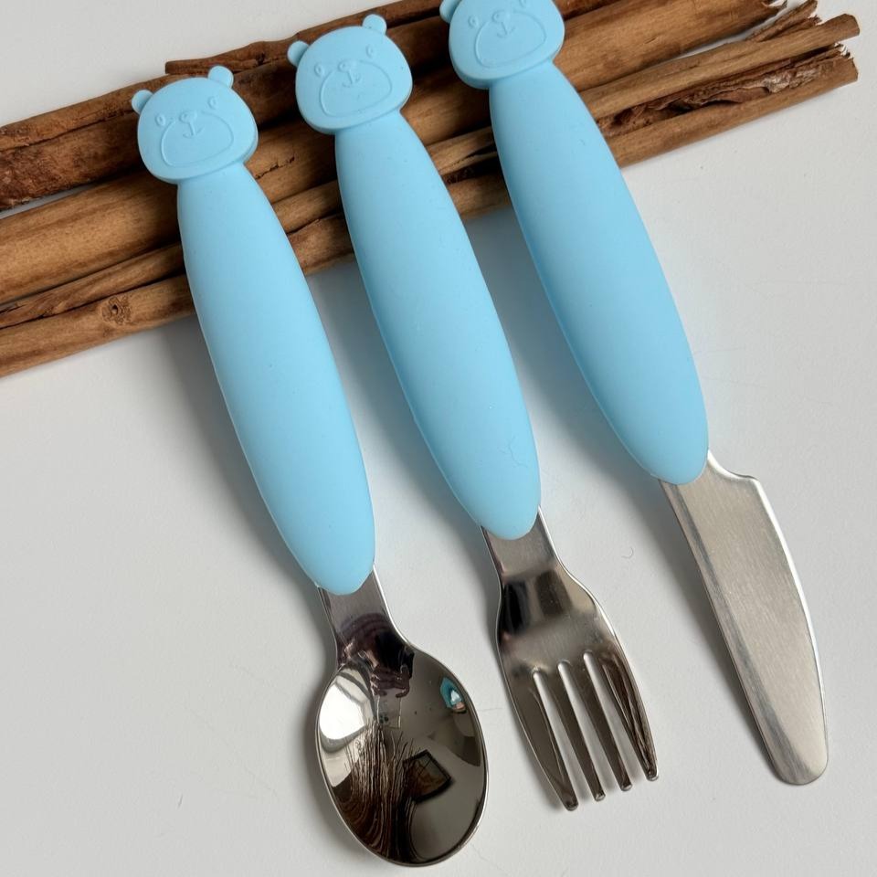 Металеві прибори "Ведмедик" 3-ки Блакитний (Baby blue)