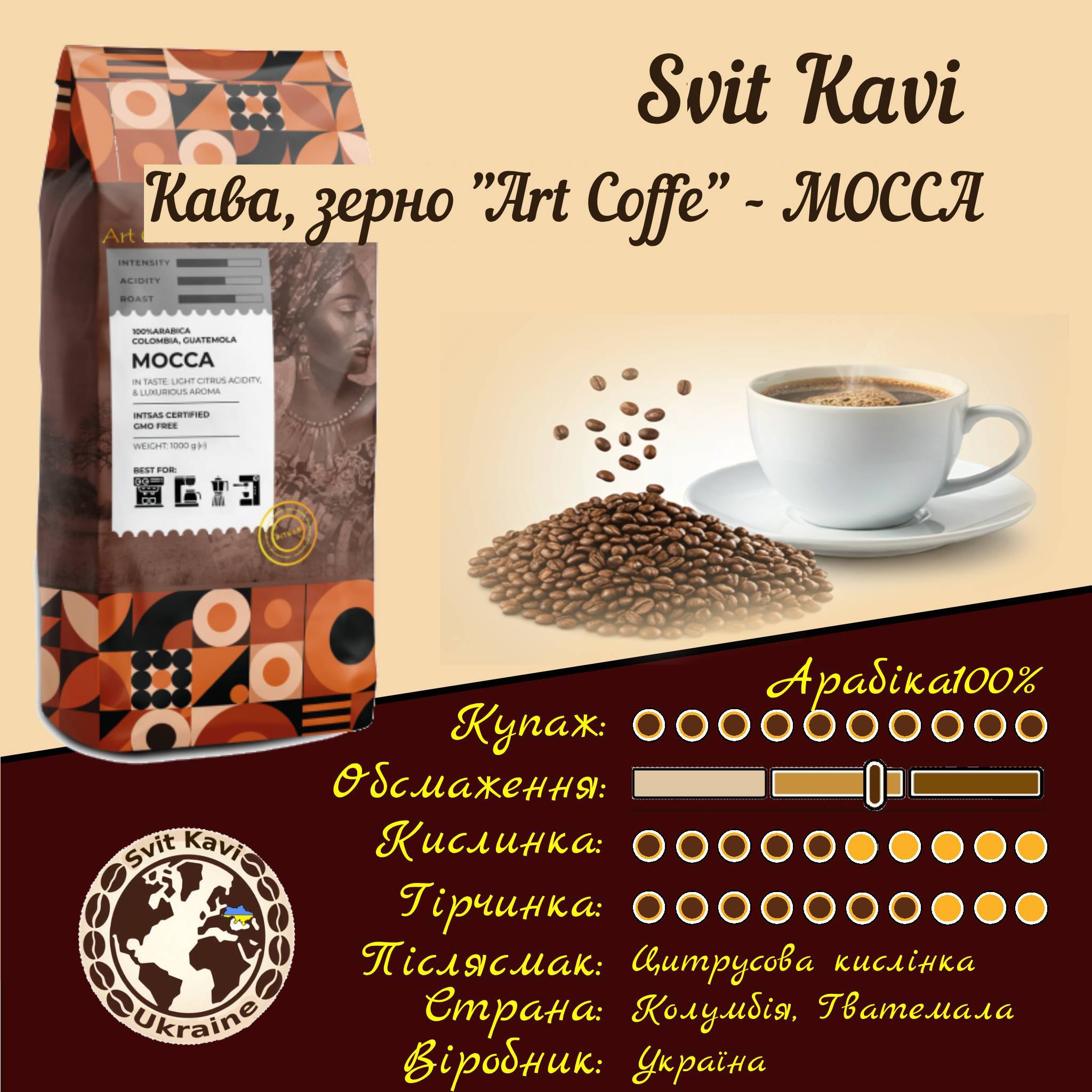 Натуральна смажена зернова кава Art Coffee Mocco 100% Arabica,100/0,Україна, пачка 1кг