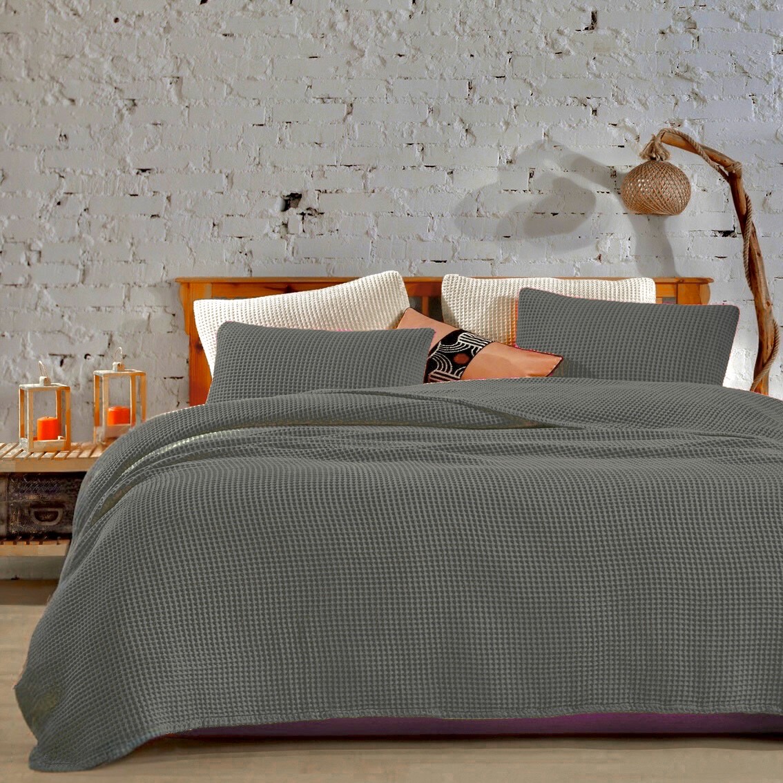 Вафельний плед-покривало піке, колір Ніжний Антрацит