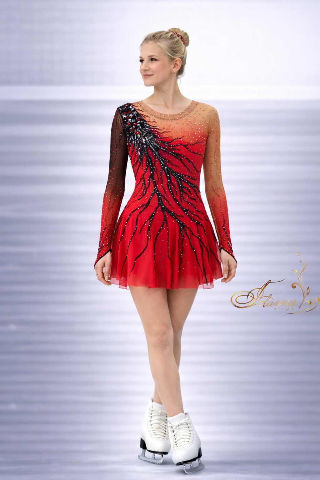 Red Gymnastics Dress with Black Embellishments, Long Sleeve Competition Leotard