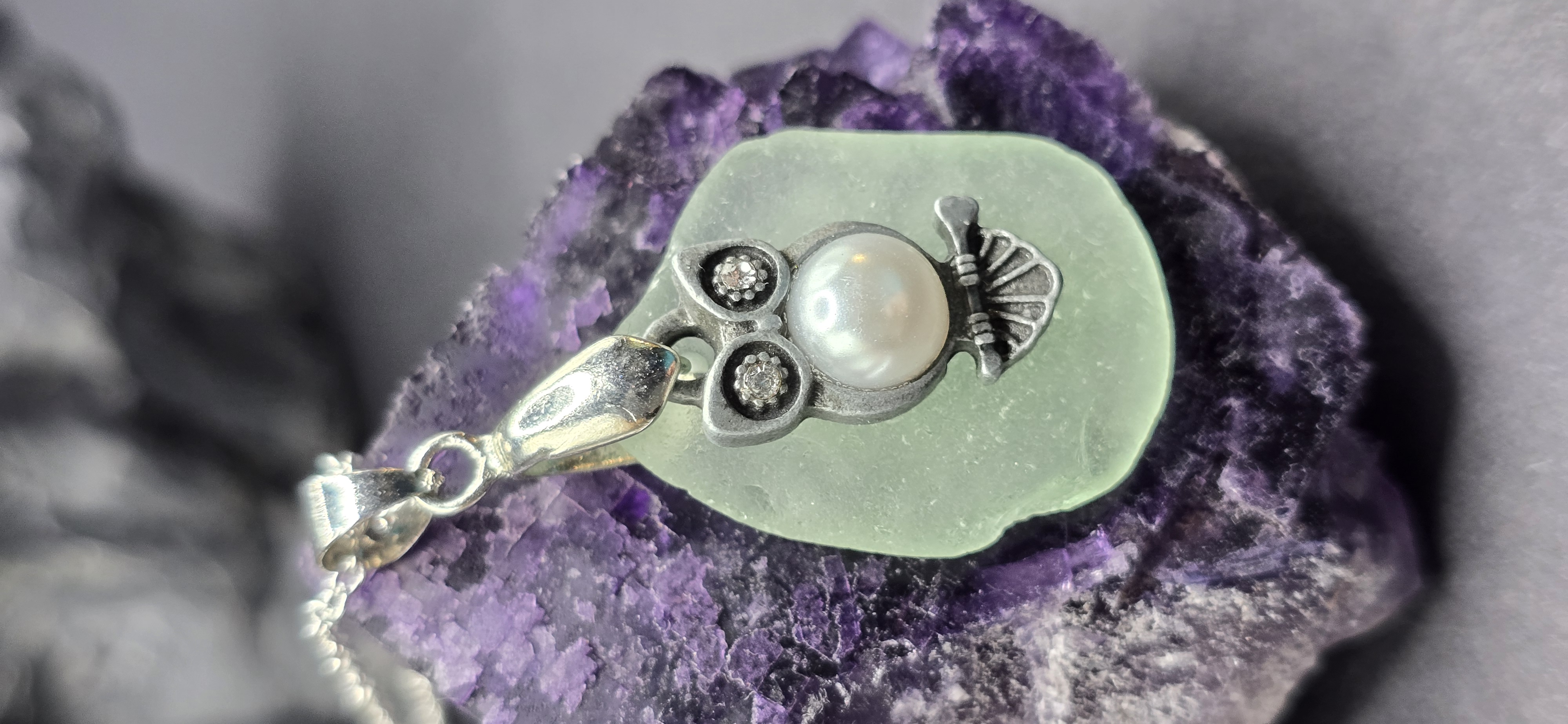 Pale Pearl Owl Sea Glass Necklace