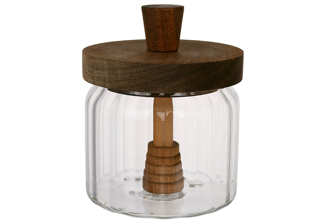 Банка для меду скляна з дерев'яною кришкою та ложкою з акації 350мл