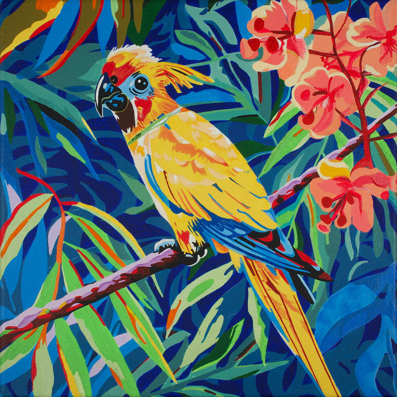 Bird in a rainforest II, 25x25 cm, original acrylic painting on canvas