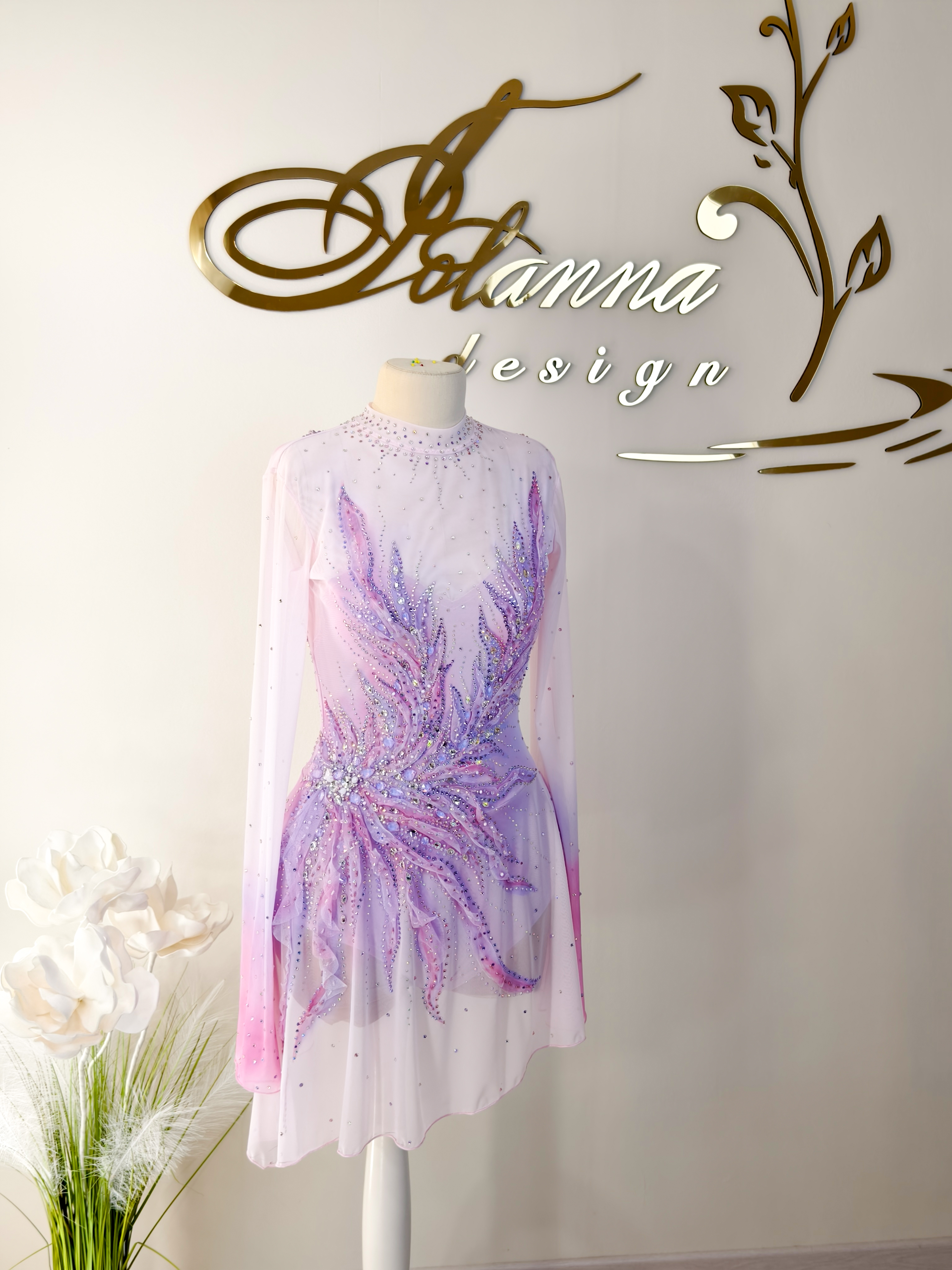 Embroidered soft lilac figure skating dress, Custom ice skating dress