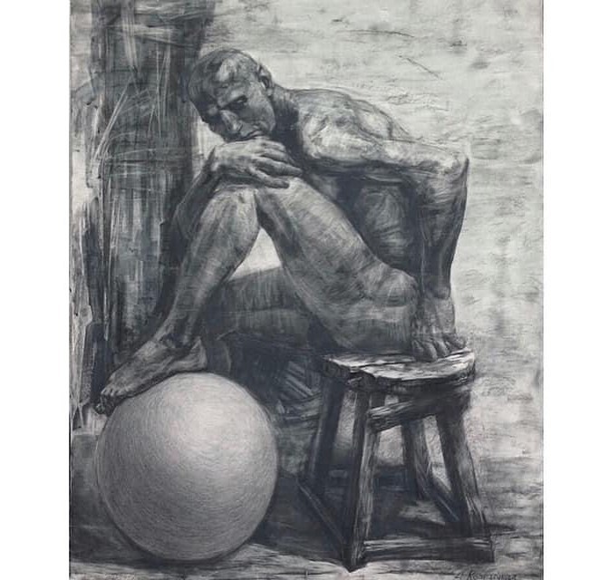 Thinker, 2017, 120х100 sm, paperboard, souse, charcoal