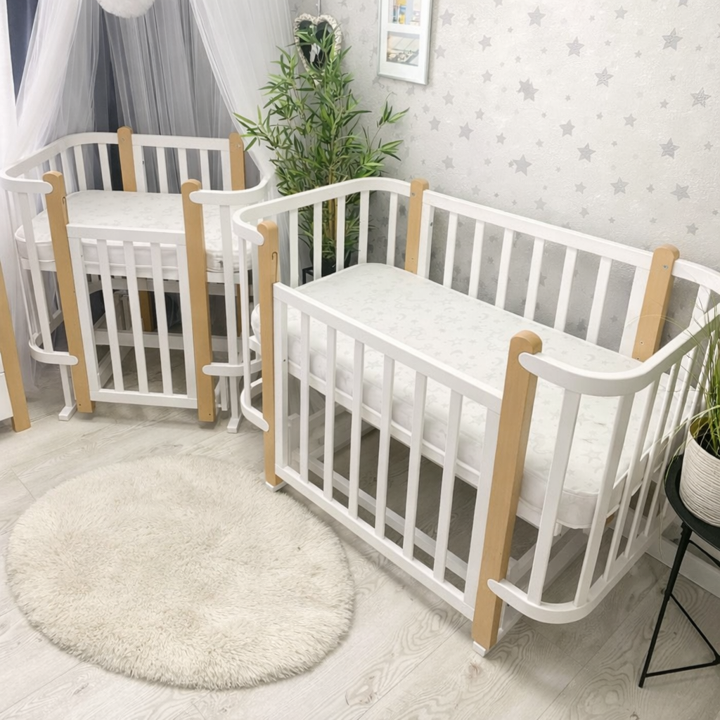 Ліжечко Престиж трансформер з матрасами, маятником та колесами біле-натуральний