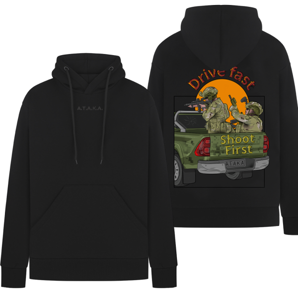 Тактична тепла худі "HOODIE DRIVE FAST SHOOT FIRST" від українського бренду "A.T.A.K.A".