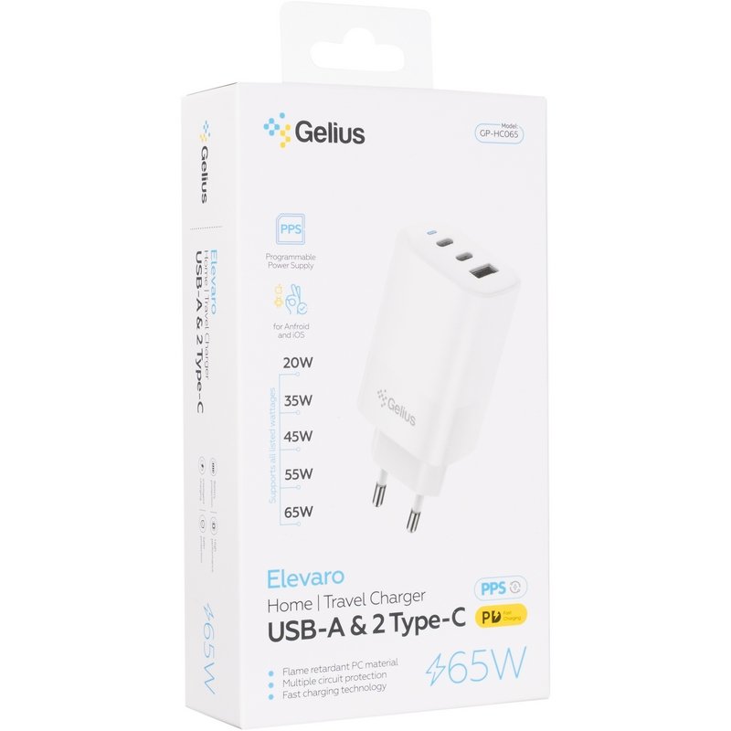 Мережевий зарядний пристрій Gelius Elevaro GP-HC065 65W USB+2Type-C (QC/PD/PPS) White