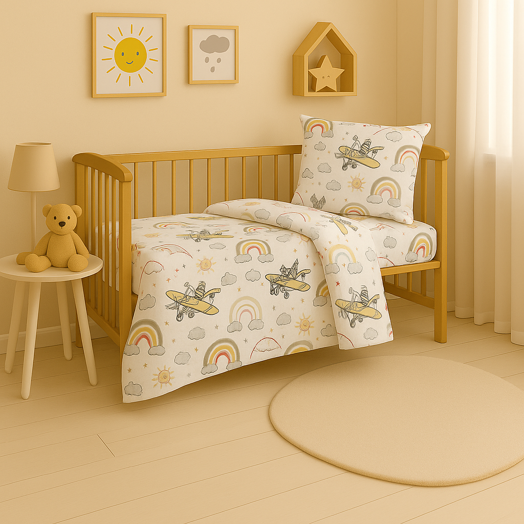 Дитяча постільна білизна з фланелі з малюнком "Літачки та веселки сіро-бежеві"