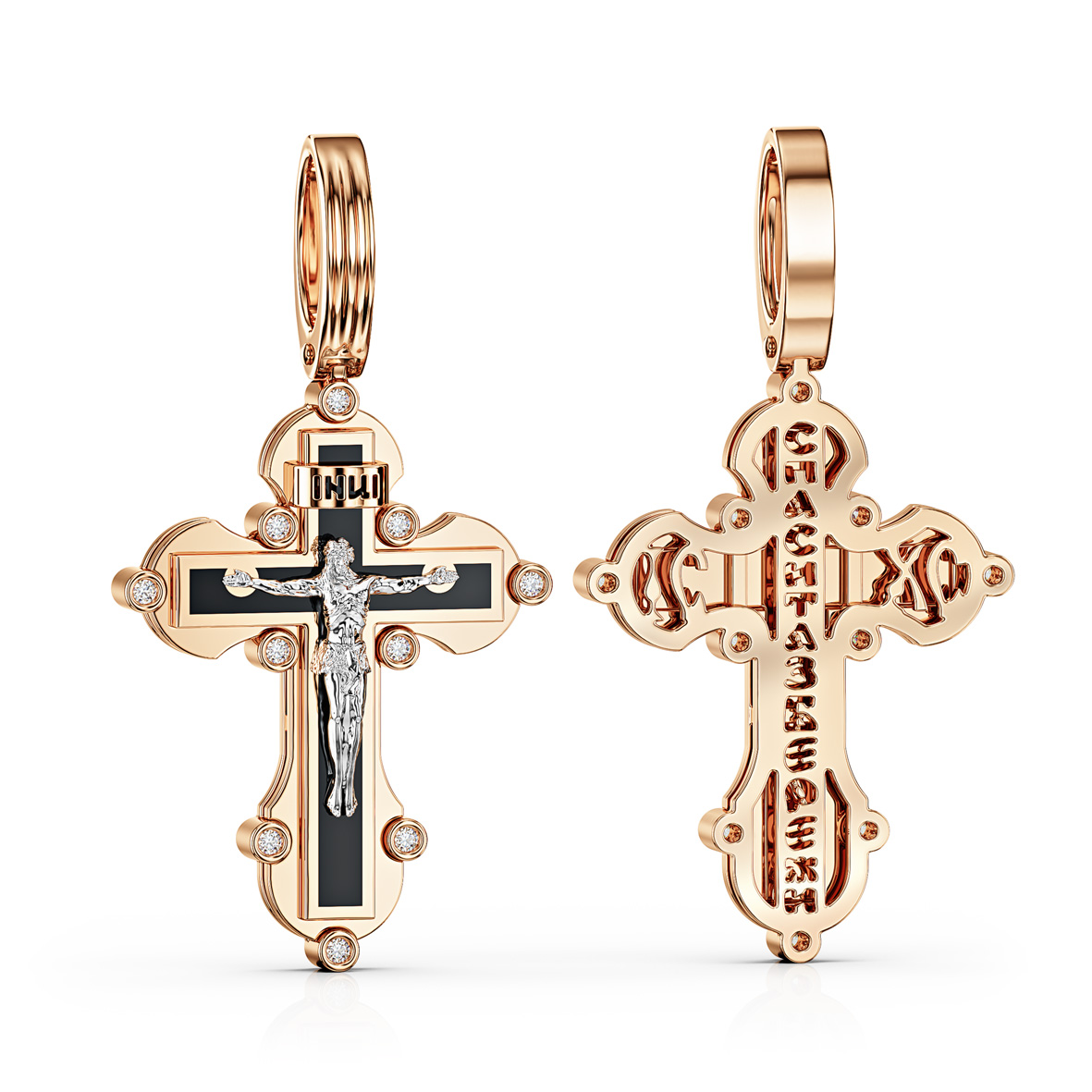 Goldkreuz „Glaube“ – 585er Rotgold mit schwarzer Emaille und Zirkonia