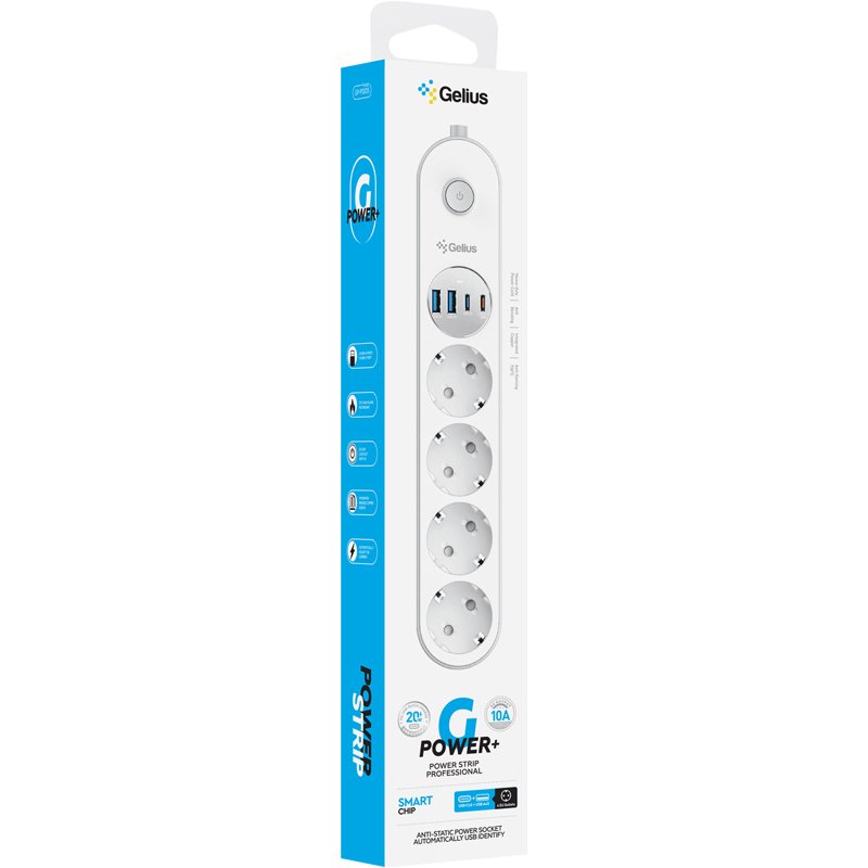 Мережевий фільтр Gelius G-Power Plus GP-PS005 (4 розетки 220V/ 2 Type-C / 2 порти USB) 20W 2m White
