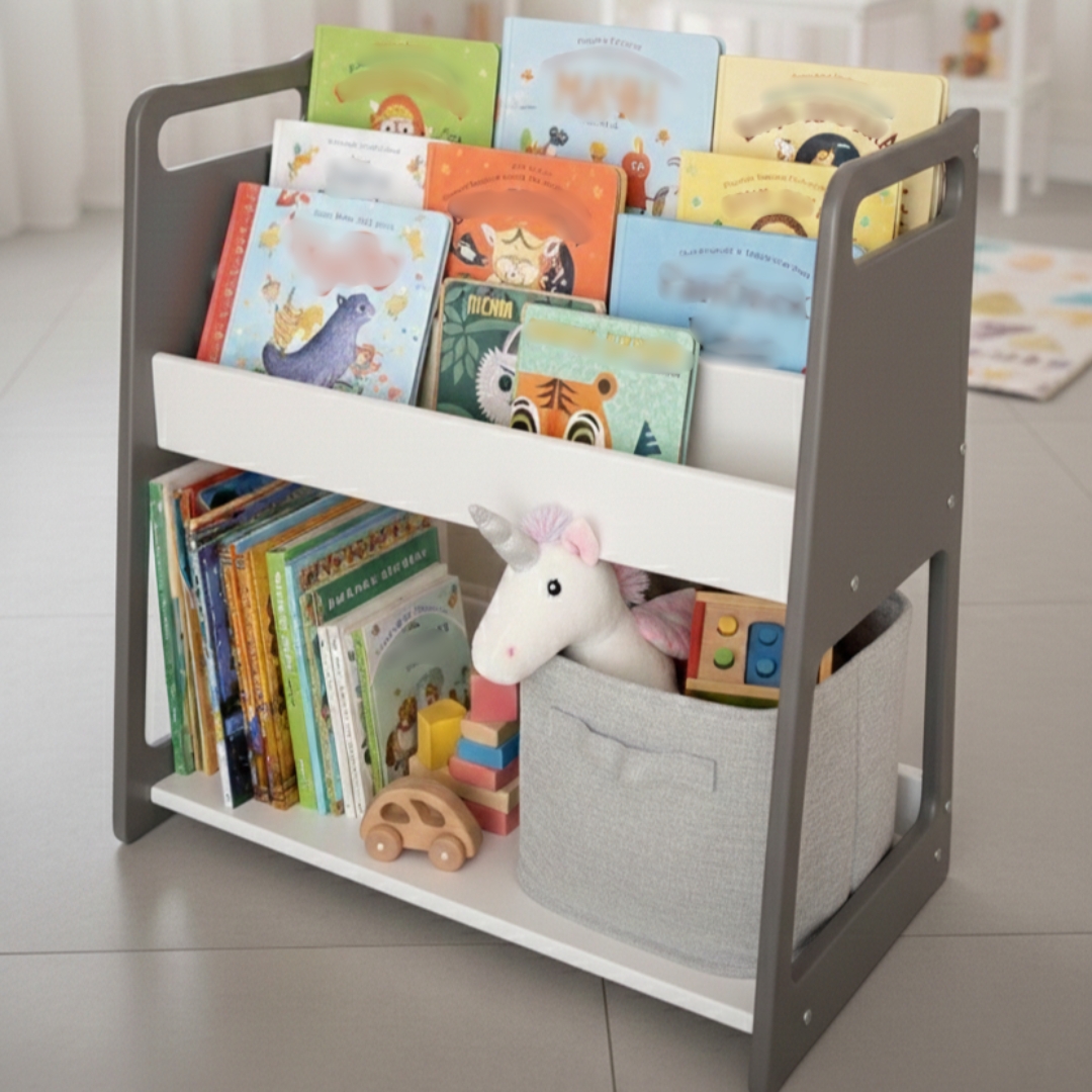 Дитячий стелаж дизайнерський Монтессорі для іграшок та книжок дерев'яний Кубі - темно-сірий/білий