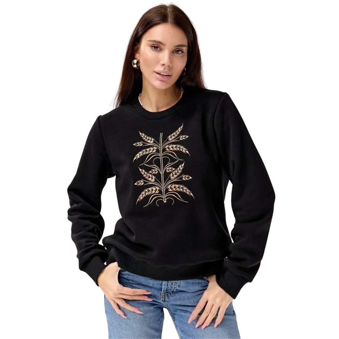 Жіночий чорний світшот на флісі з вишивкою Колоски