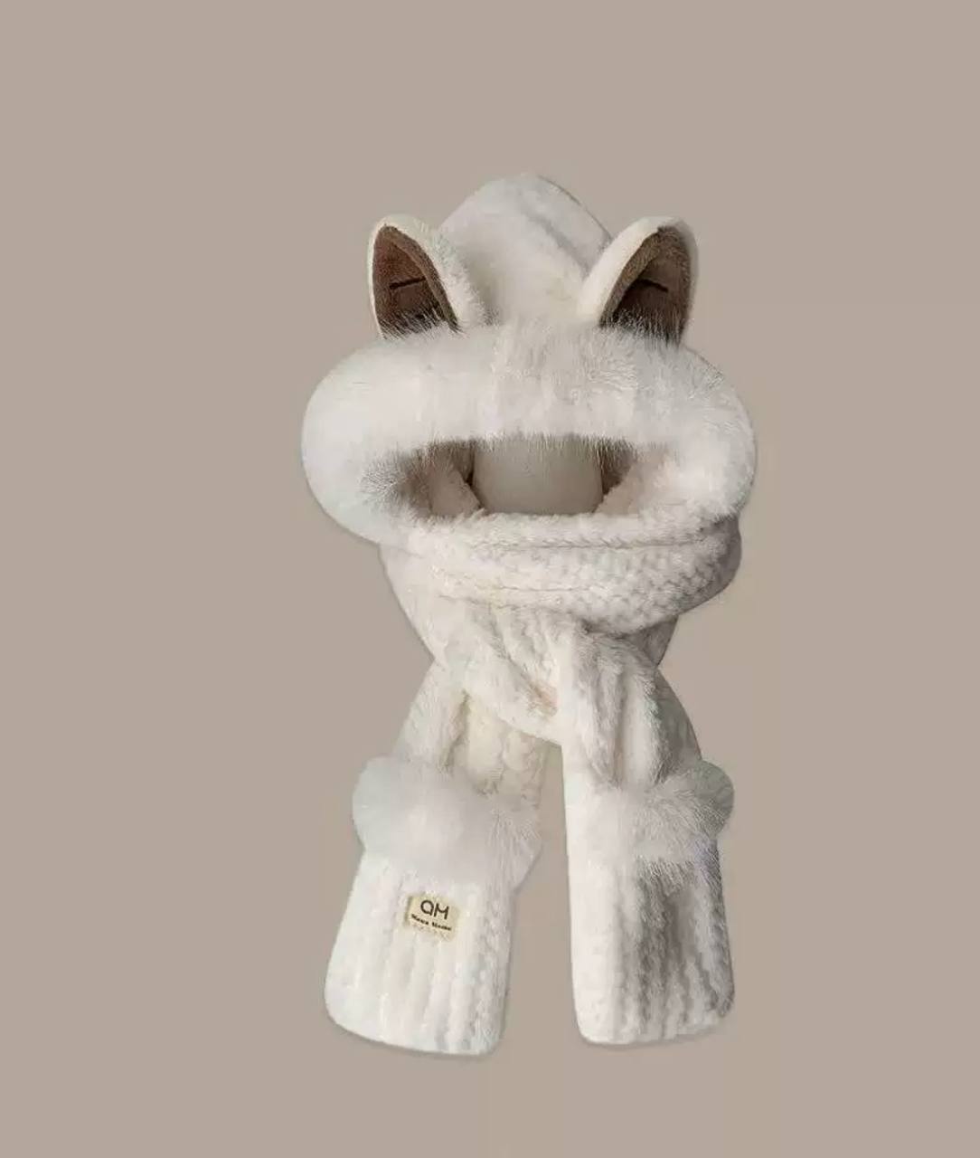 Шапка шарф з подовженим шарфом та рукавичками, білий