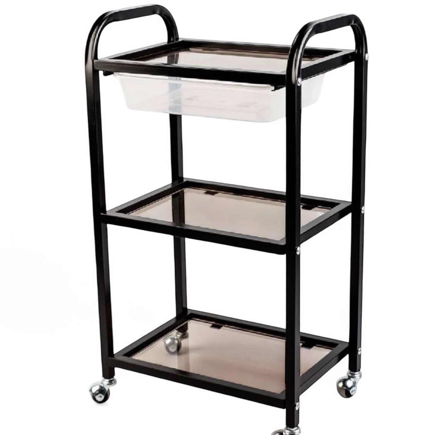 Візок косметологічний маніпуляційний з трьома полицями та ящиком,чорний