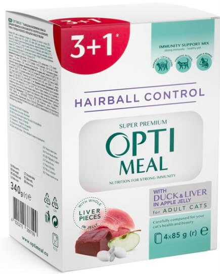Оптіміл Акція Набір паучі для котів Вивід шерсті з качкою та печінкою в яблуч желе(3+1)