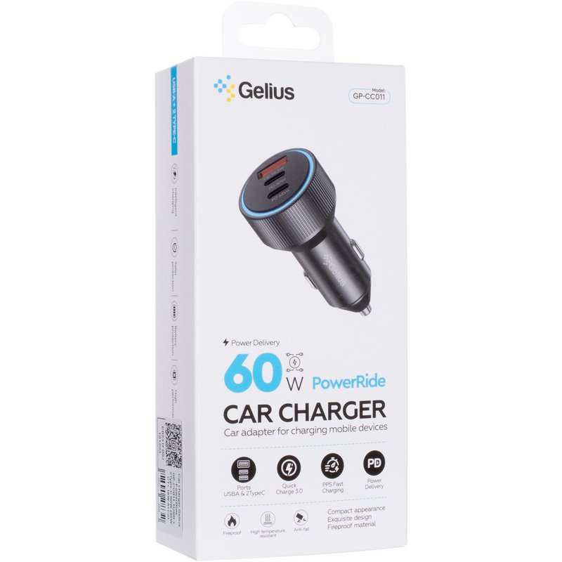 Автомобільний зарядний пристрій Gelius PowerRide GP-CC011 1USB + 2Type-C 60W (45W C1+ 15W A+C2) Black