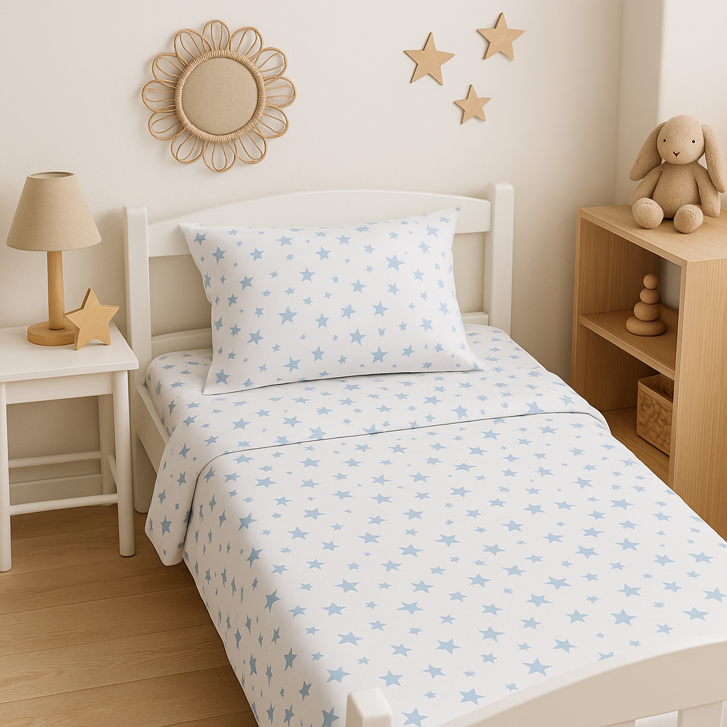 Дитяча постільна білизна ранфорс прінт  "Блакітні зірки на білому"