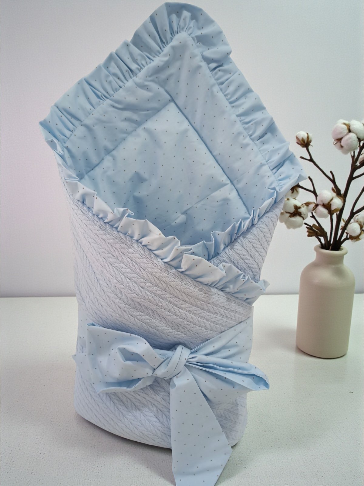 Теплий плед-конверт з бантом піке косичка 80 х 85 см Горошок блакитний