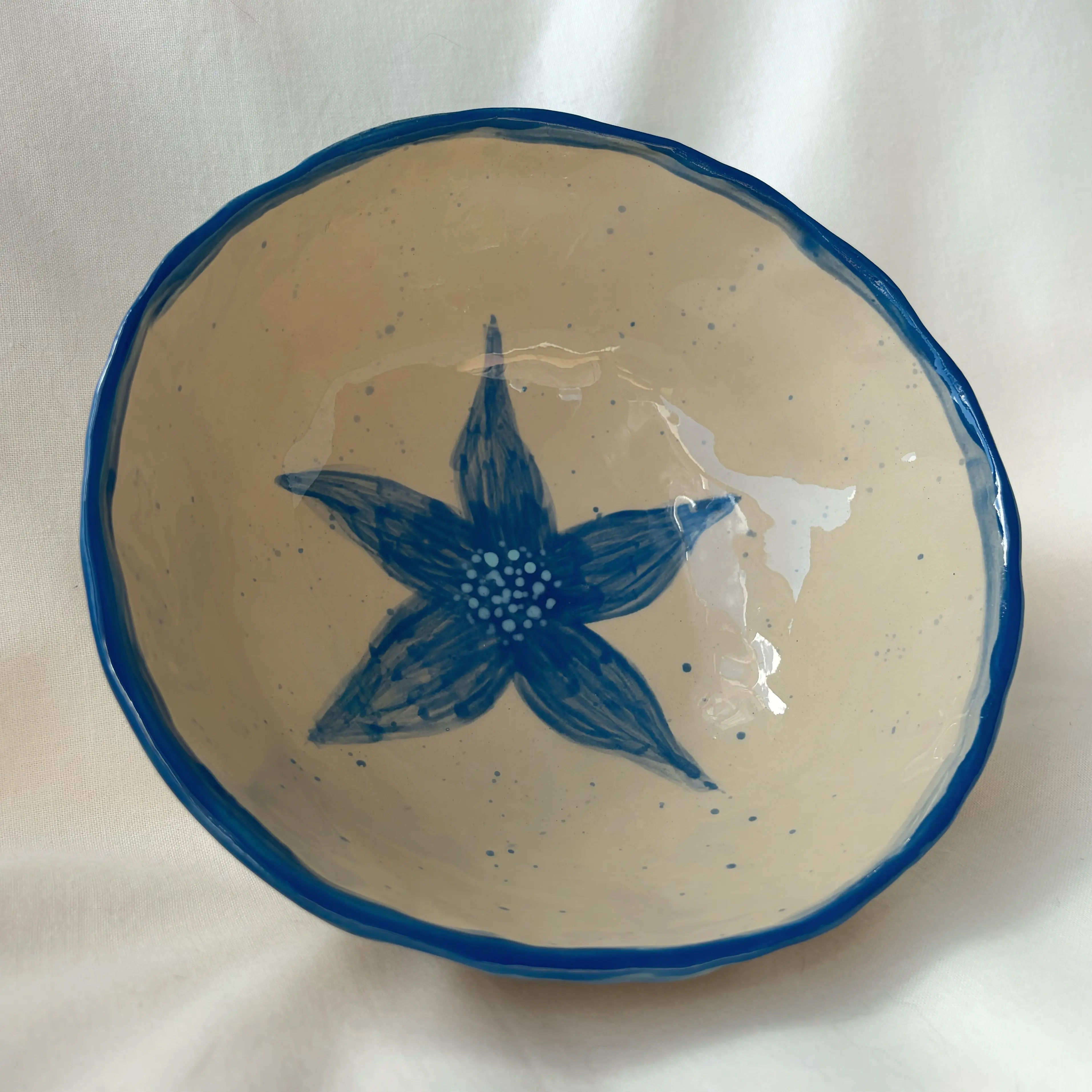 Handmade Ceramic Bowl with Blue Flower – Small Pottery Serving Bowl