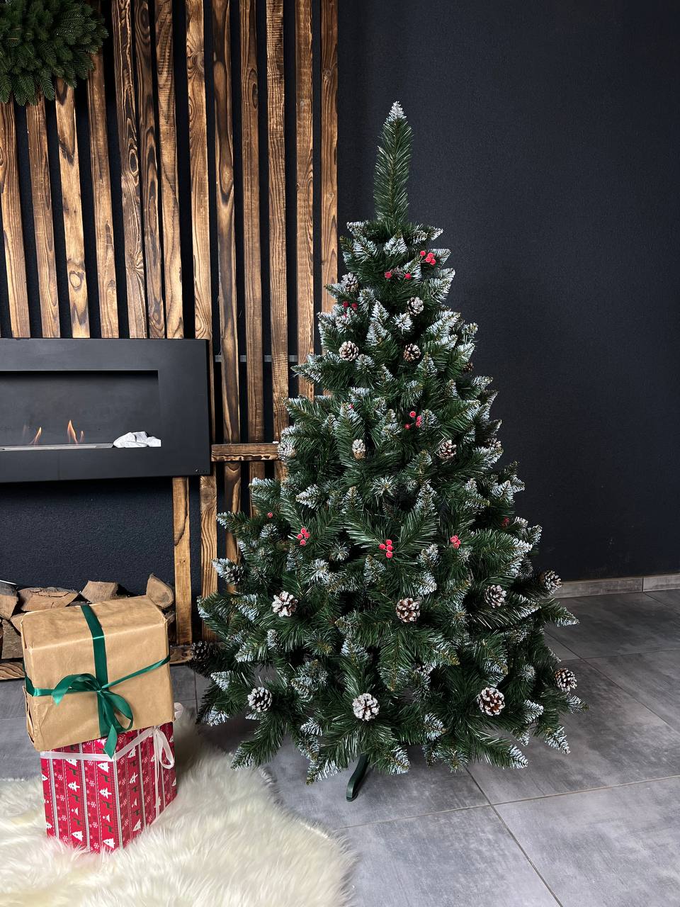 Ялинка «Елітна з шишкою + калина» ЧЕРВОНА - 1.5м. 🍓 (синя, золота, срібна