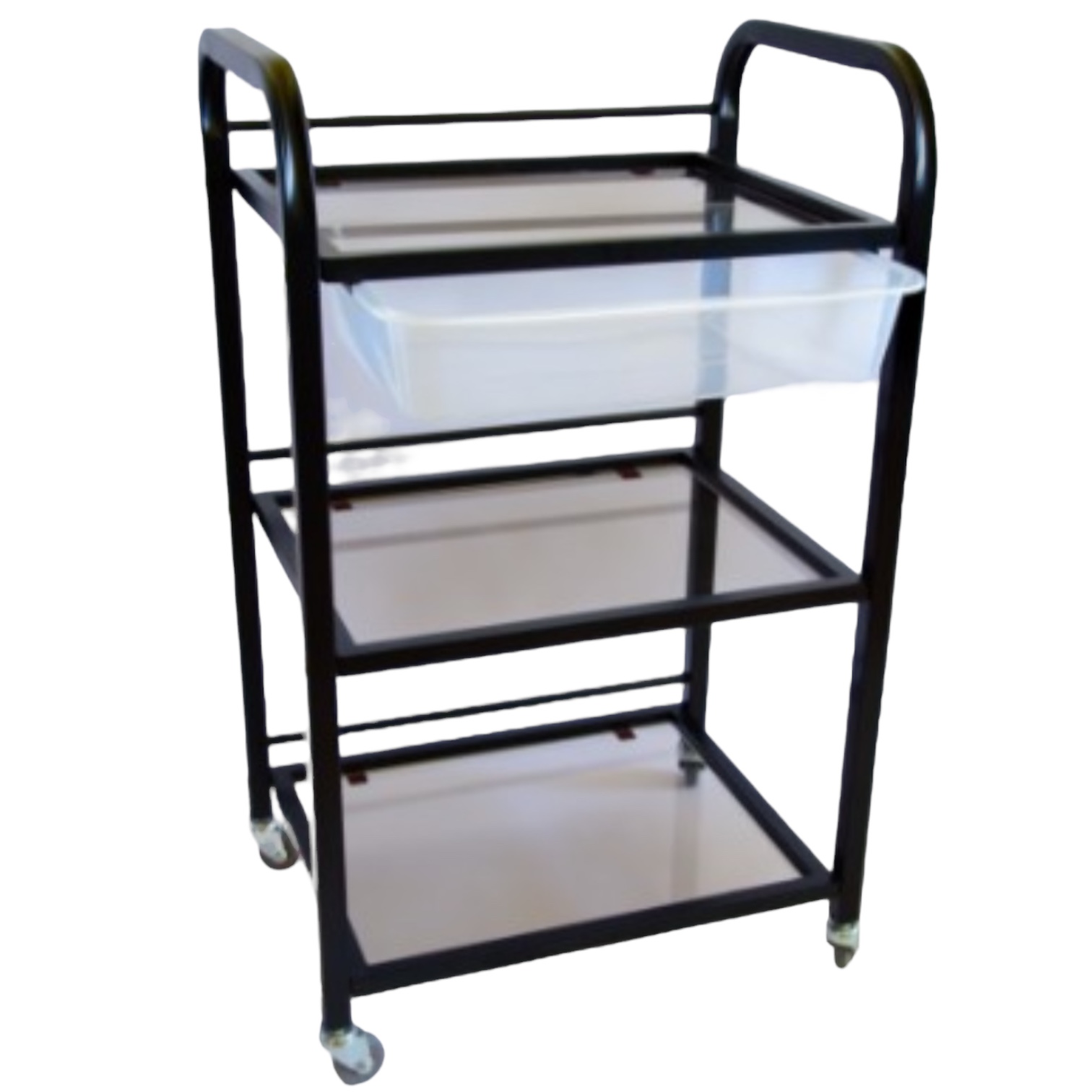 Візок косметологічний маніпуляційний з трьома полицями та ящиком,чорний