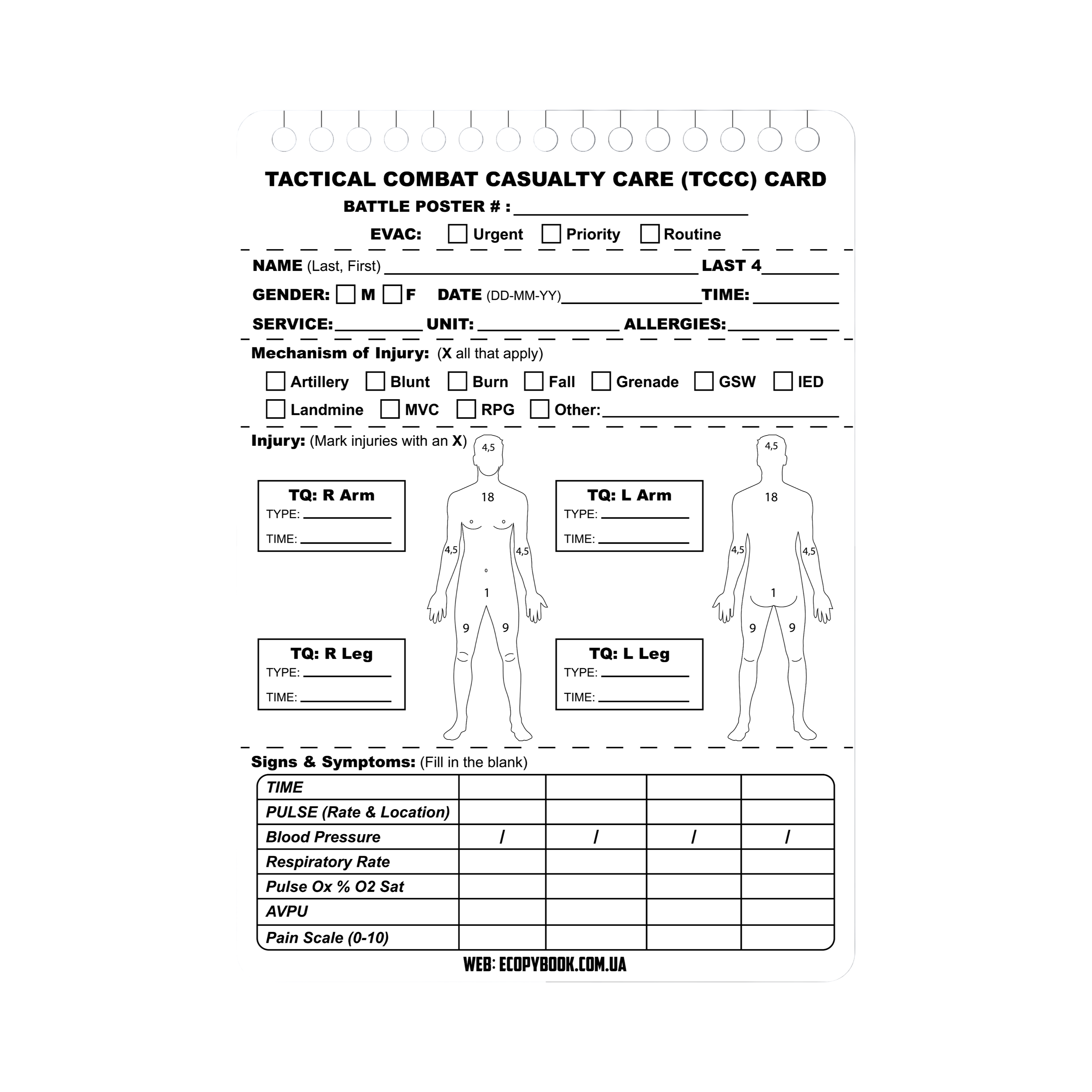 TACTICAL COMBAT CASUALTY CARE (TCCC) card set of 5 pcs A6