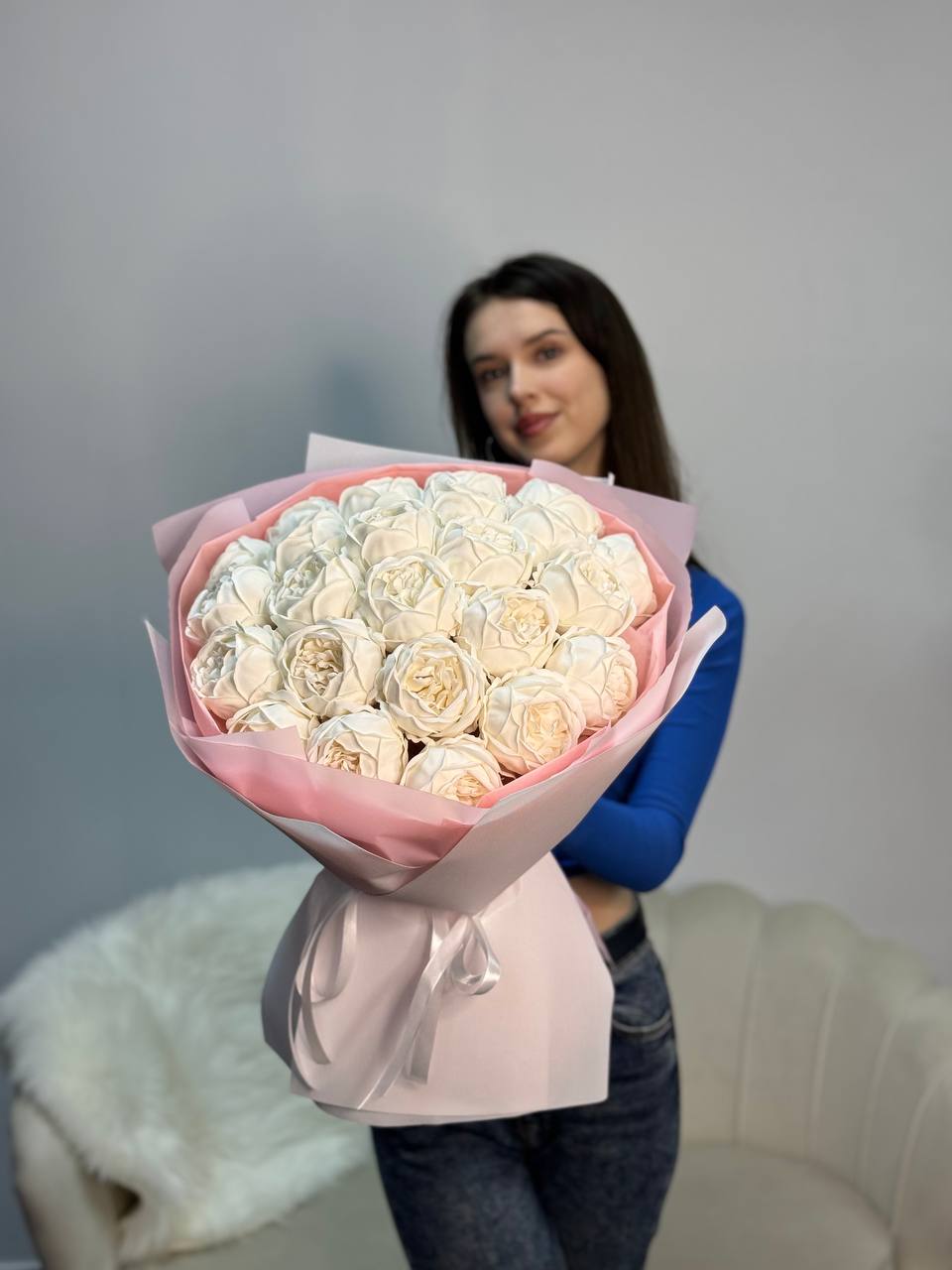 Білий букет на 25 півоній🤍