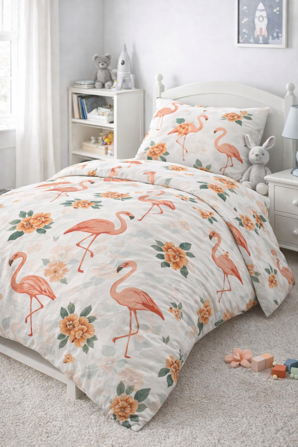 Постільна білизна  в ліжечко  ранфорс принт  " Фламінго в квітахі"