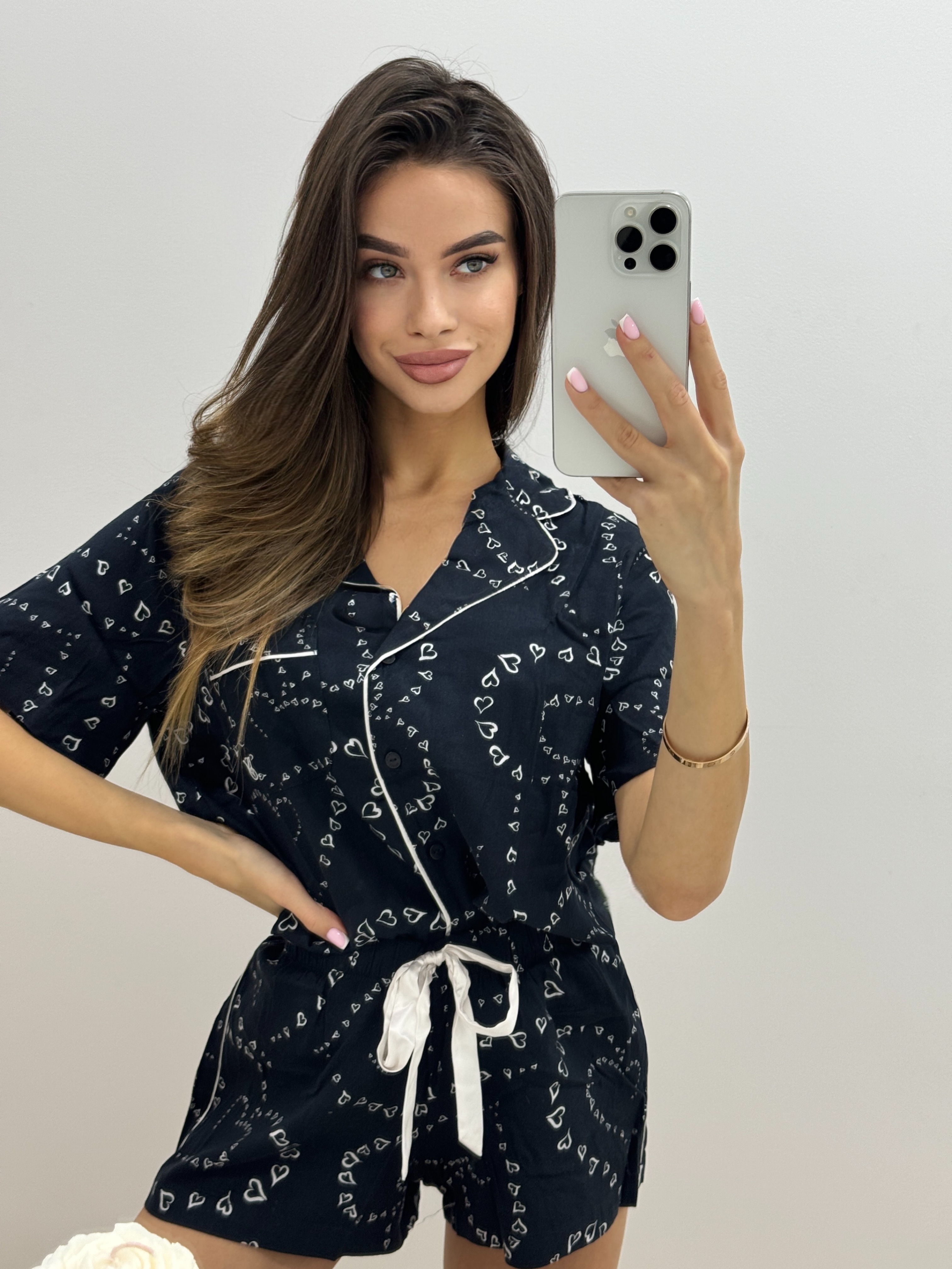 Піжама (сорочка+шорти) Flannel Short Pajama Set Black Swirl Hearts XS чорна в сердечка