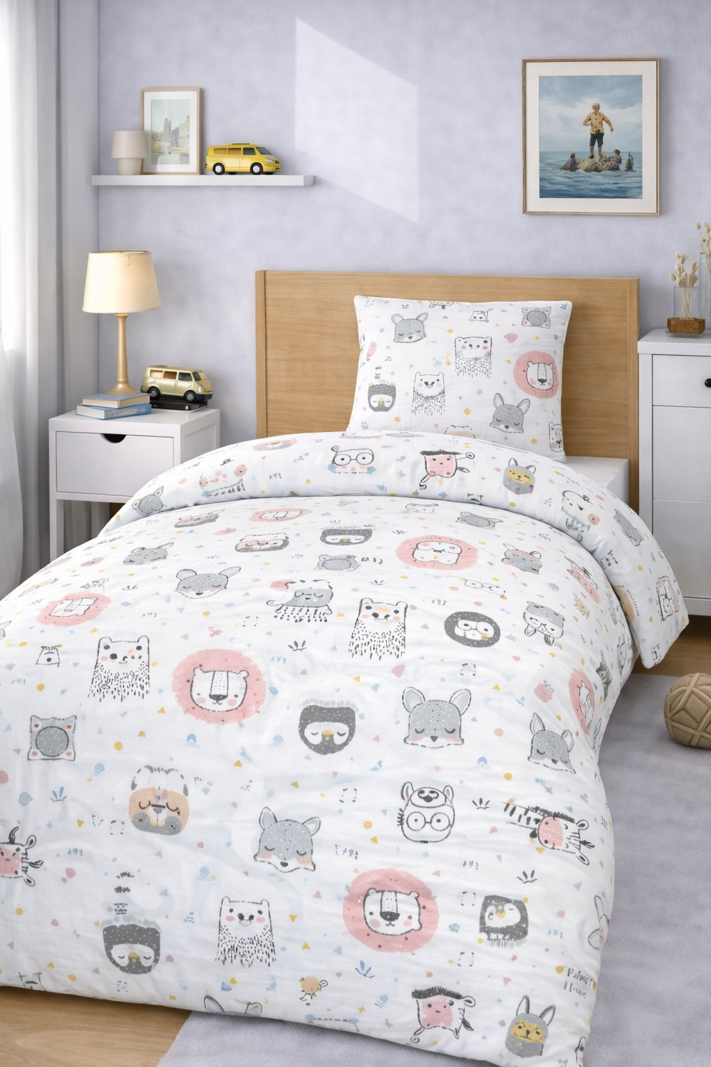 Постільна білизна для хлопчиків ранфорс прінт  "Звірячі мордочки з рожевим"-copy