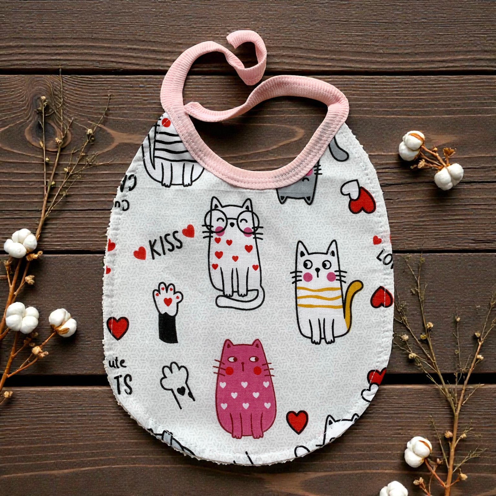 Непромокаючий слинявчик на завязках Котики рожеві