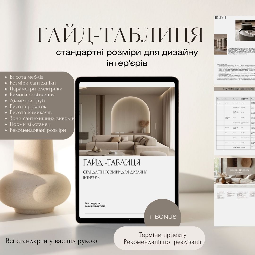 ГАЙД-ТАБЛИЦЯ Cтандартні розміри для дизайну інтерʼєрів