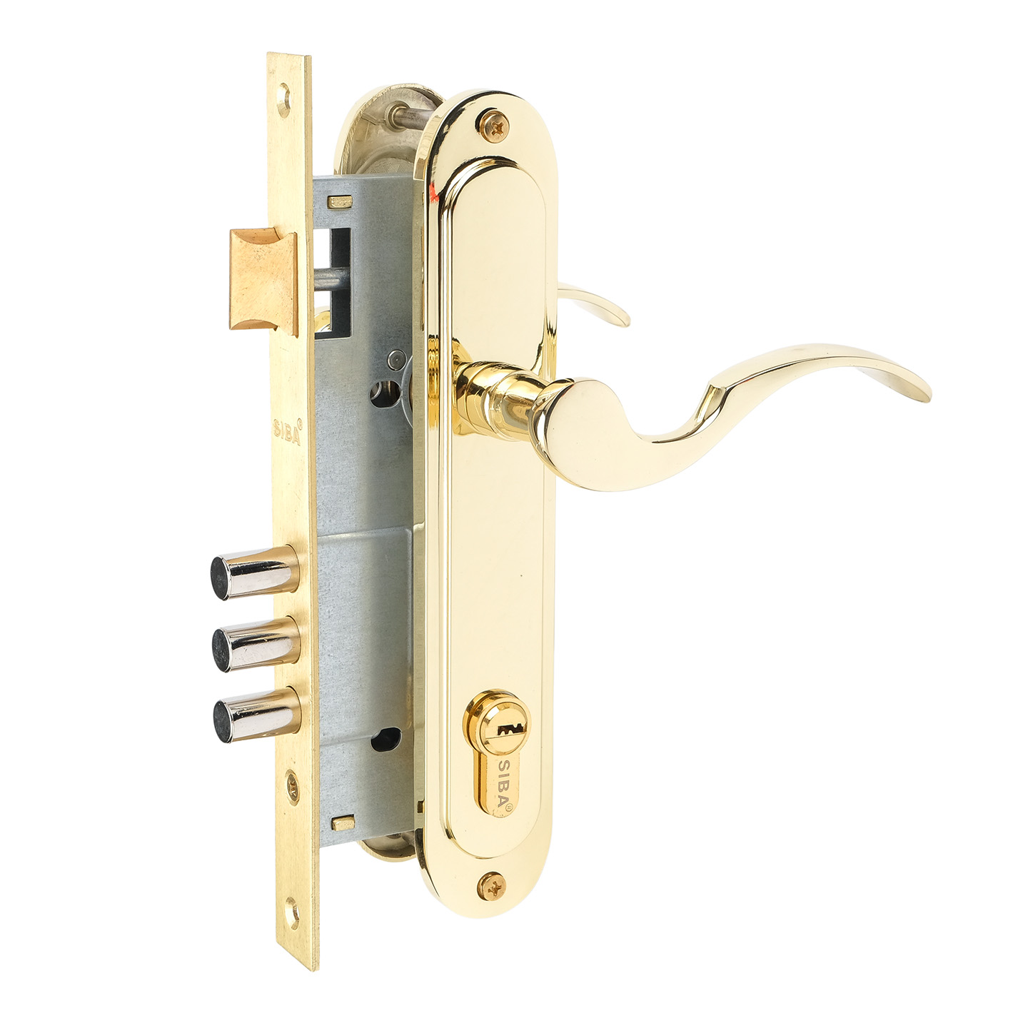Комплект врізного замку з ручками SIBA Osimo 85 мм з циліндром, полірована латунь