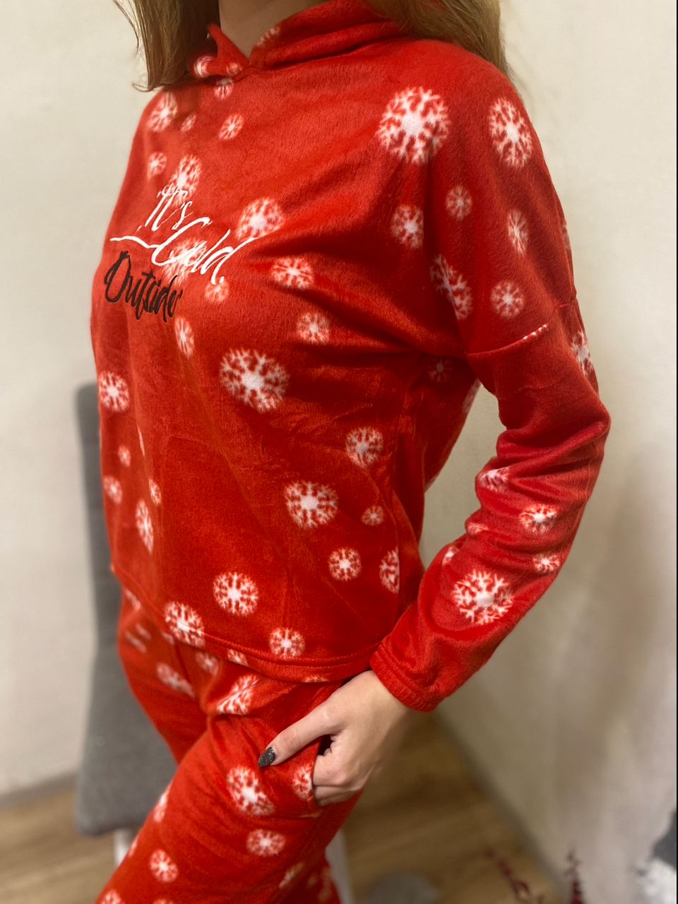 Піжама жіноча "Favor" турецька фліс червоні сніжинки S M L XL
