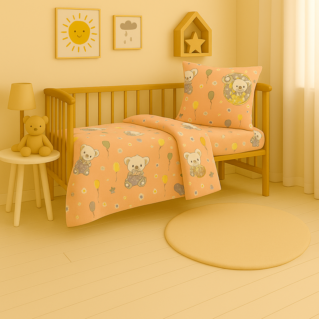 Дитяча постільна білизна з фланелі з малюнком "Білі ведмедики з кульками на рожевому"