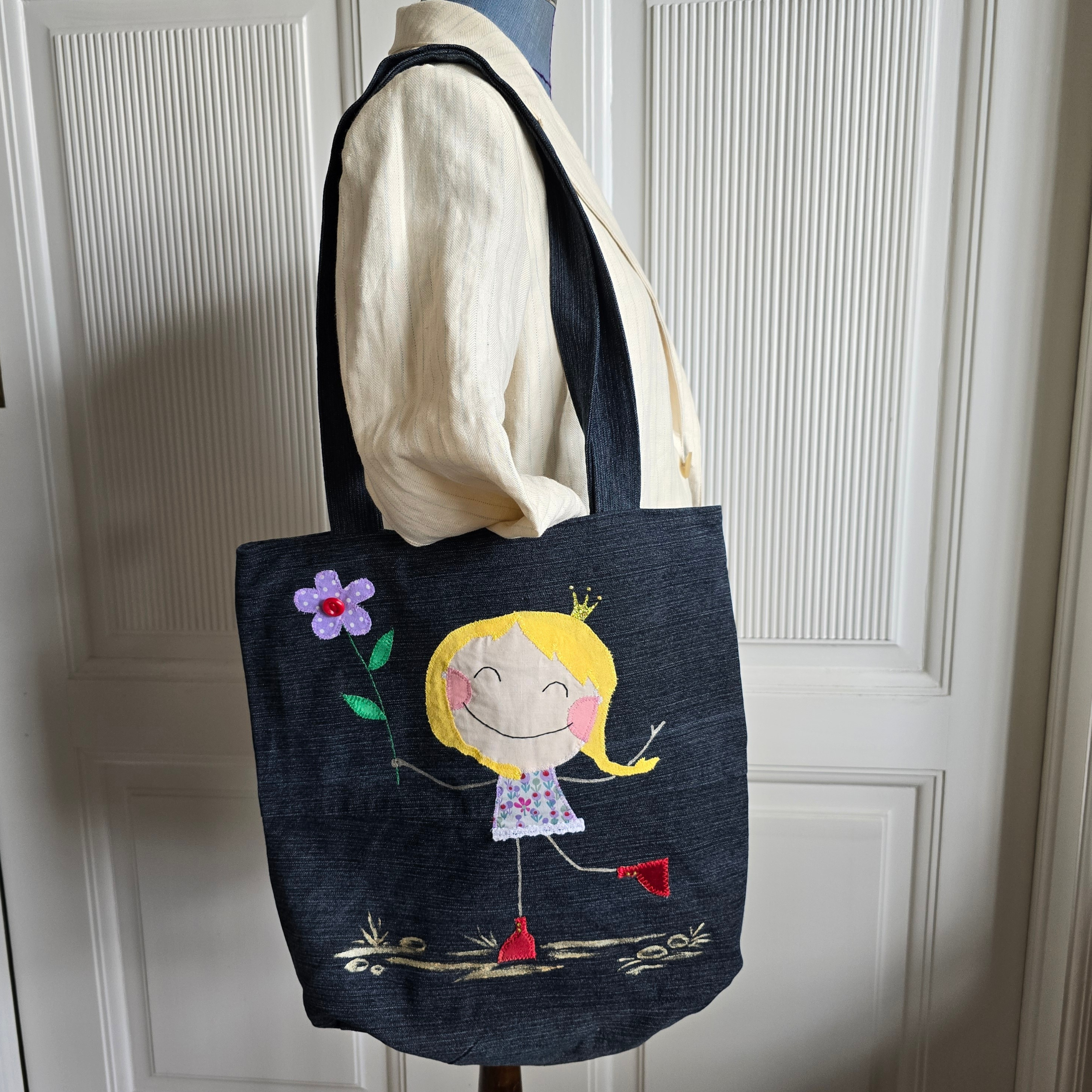 Handmade Tote Bag denim Girl with crown