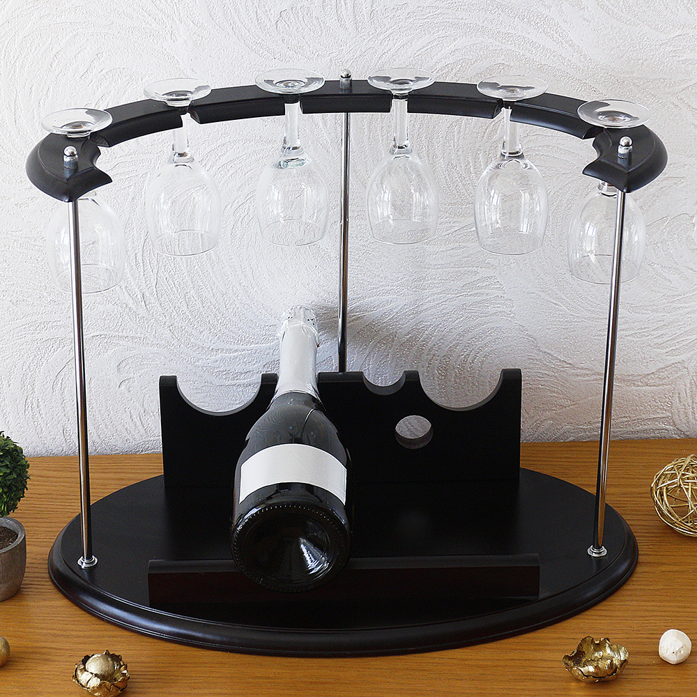 Подставка для вина на 4 бутылки и 6 бокалов деревянная, SS0081