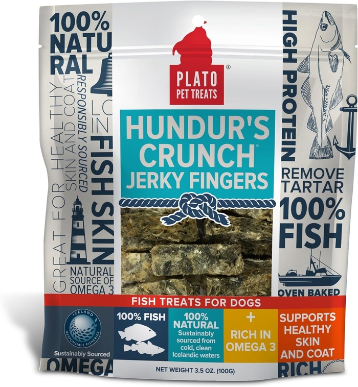 PLATO Hundur's Crunch Single Ingredient Cod Skin Dog Treats – Fingers, Natural 3.5 ounces