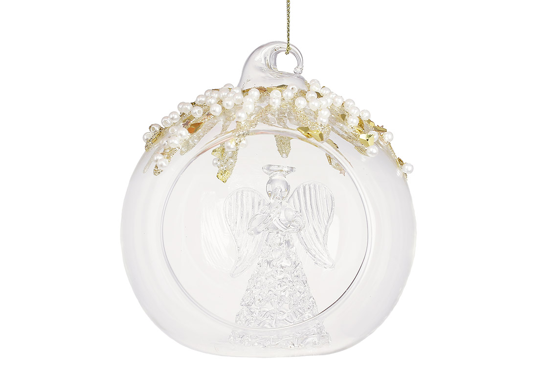 Ялинкова куля з прозорого скла з фігуркою ангела всередині та декором з намистин 10см 108-595
